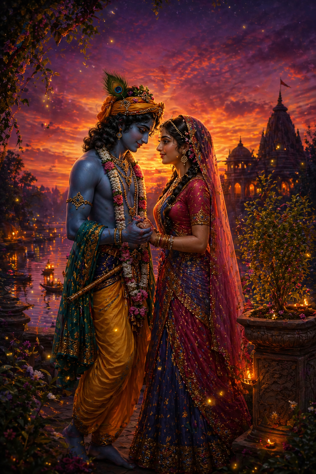 Radha Krishna holding hands at twilight near tulsi plant with fireflies glowing and temple in background — HD wallpaper